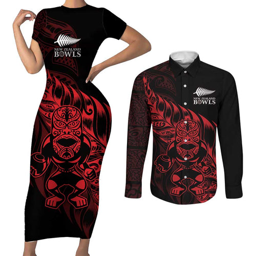 New Zealand Lawn Bowls Custom Couples Matching Short Sleeve Bodycon Dress and Long Sleeve Button Shirt Red Maori Warrior Tribal Silver Fern - Aussie Hoodie