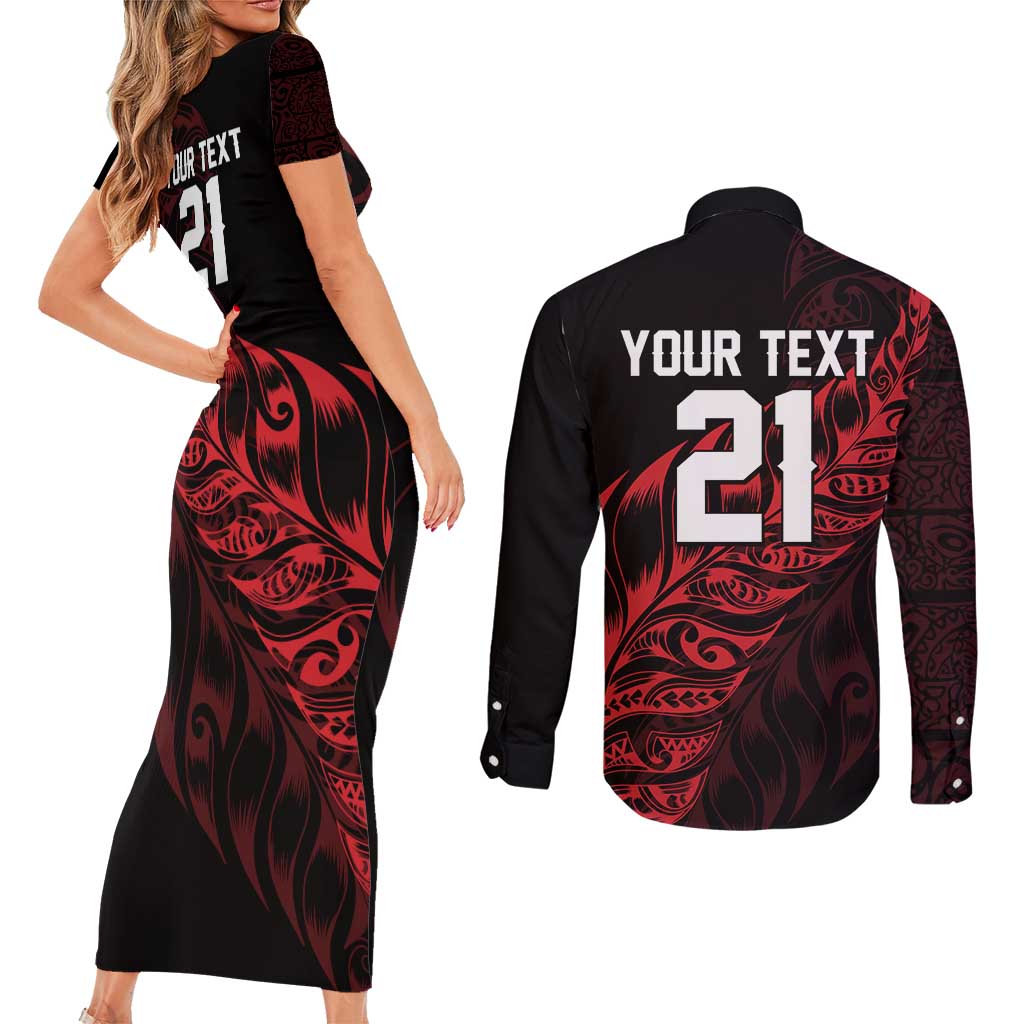 New Zealand Lawn Bowls Custom Couples Matching Short Sleeve Bodycon Dress and Long Sleeve Button Shirt Red Maori Warrior Tribal Silver Fern - Aussie Hoodie