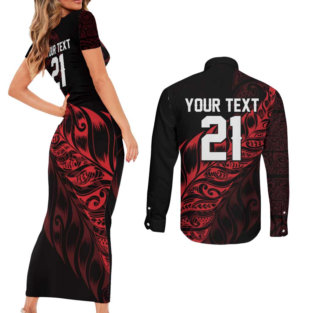 New Zealand Lawn Bowls Custom Couples Matching Short Sleeve Bodycon Dress and Long Sleeve Button Shirt Red Maori Warrior Tribal Silver Fern - Aussie Hoodie
