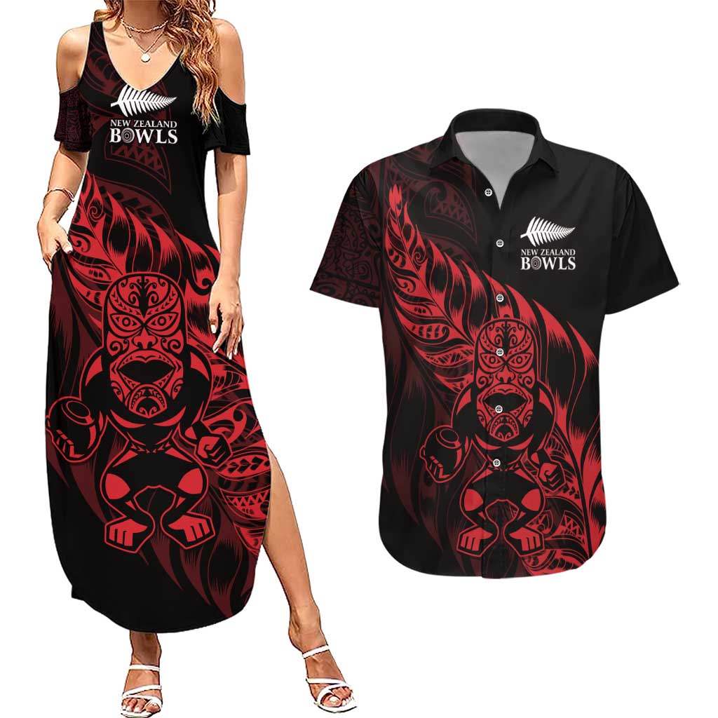 New Zealand Lawn Bowls Custom Couples Matching Summer Maxi Dress and Hawaiian Shirt Red Maori Warrior Tribal Silver Fern - Aussie Hoodie