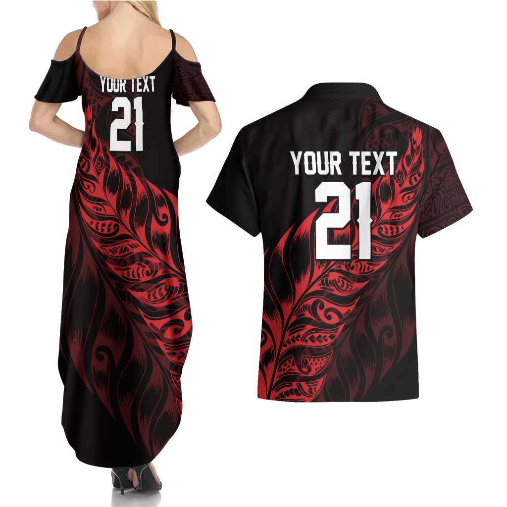 New Zealand Lawn Bowls Custom Couples Matching Summer Maxi Dress and Hawaiian Shirt Red Maori Warrior Tribal Silver Fern - Aussie Hoodie