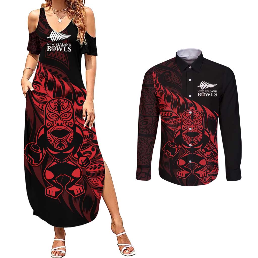 New Zealand Lawn Bowls Custom Couples Matching Summer Maxi Dress and Long Sleeve Button Shirt Red Maori Warrior Tribal Silver Fern - Aussie Hoodie