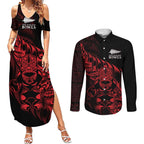 New Zealand Lawn Bowls Custom Couples Matching Summer Maxi Dress and Long Sleeve Button Shirt Red Maori Warrior Tribal Silver Fern - Aussie Hoodie
