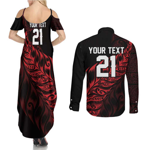 New Zealand Lawn Bowls Custom Couples Matching Summer Maxi Dress and Long Sleeve Button Shirt Red Maori Warrior Tribal Silver Fern - Aussie Hoodie