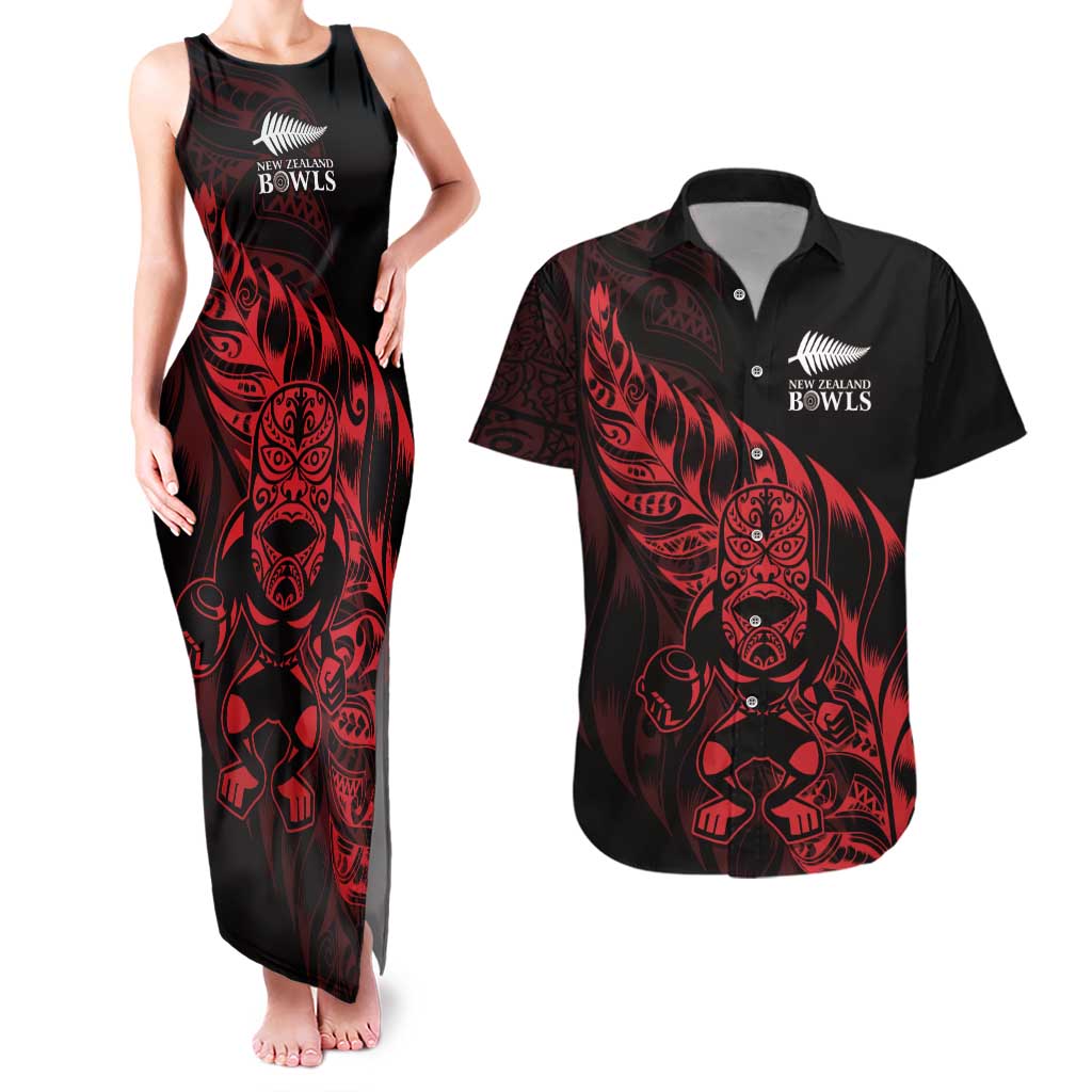 New Zealand Lawn Bowls Custom Couples Matching Tank Maxi Dress and Hawaiian Shirt Red Maori Warrior Tribal Silver Fern - Aussie Hoodie