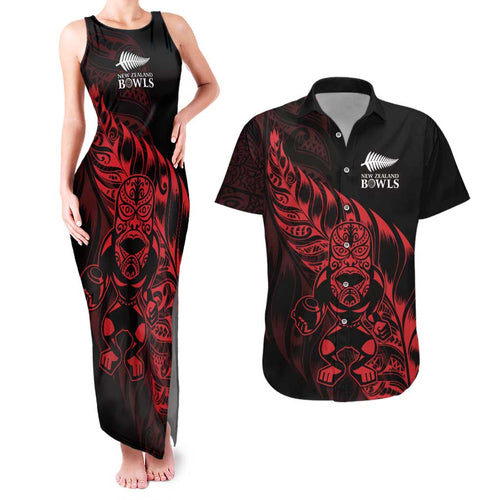 New Zealand Lawn Bowls Custom Couples Matching Tank Maxi Dress and Hawaiian Shirt Red Maori Warrior Tribal Silver Fern - Aussie Hoodie