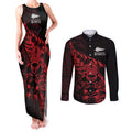 New Zealand Lawn Bowls Custom Couples Matching Tank Maxi Dress and Long Sleeve Button Shirt Red Maori Warrior Tribal Silver Fern - Aussie Hoodie