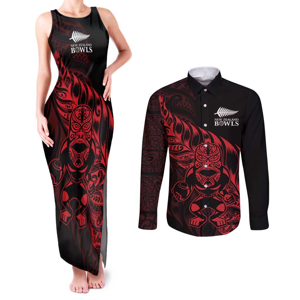 New Zealand Lawn Bowls Custom Couples Matching Tank Maxi Dress and Long Sleeve Button Shirt Red Maori Warrior Tribal Silver Fern - Aussie Hoodie