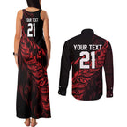 New Zealand Lawn Bowls Custom Couples Matching Tank Maxi Dress and Long Sleeve Button Shirt Red Maori Warrior Tribal Silver Fern - Aussie Hoodie