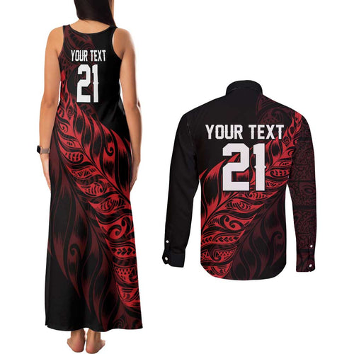 New Zealand Lawn Bowls Custom Couples Matching Tank Maxi Dress and Long Sleeve Button Shirt Red Maori Warrior Tribal Silver Fern - Aussie Hoodie