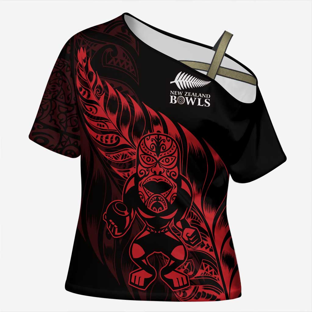 New Zealand Lawn Bowls Custom Cross Shoulder Shirt Red Maori Warrior Tribal Silver Fern - Aussie Hoodie