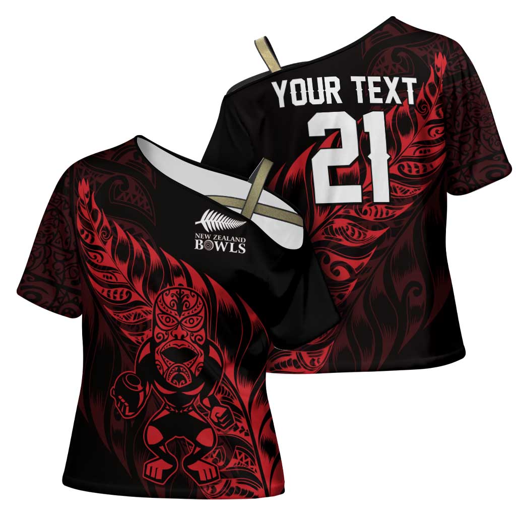 New Zealand Lawn Bowls Custom Cross Shoulder Shirt Red Maori Warrior Tribal Silver Fern - Aussie Hoodie
