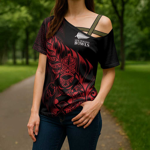 New Zealand Lawn Bowls Custom Cross Shoulder Shirt Red Maori Warrior Tribal Silver Fern - Aussie Hoodie