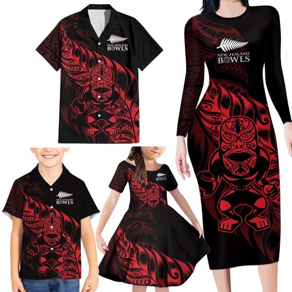 New Zealand Lawn Bowls Custom Family Matching Long Sleeve Bodycon Dress and Hawaiian Shirt Red Maori Warrior Tribal Silver Fern - Aussie Hoodie