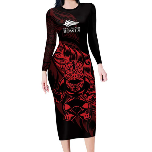 New Zealand Lawn Bowls Custom Family Matching Long Sleeve Bodycon Dress and Hawaiian Shirt Red Maori Warrior Tribal Silver Fern - Aussie Hoodie