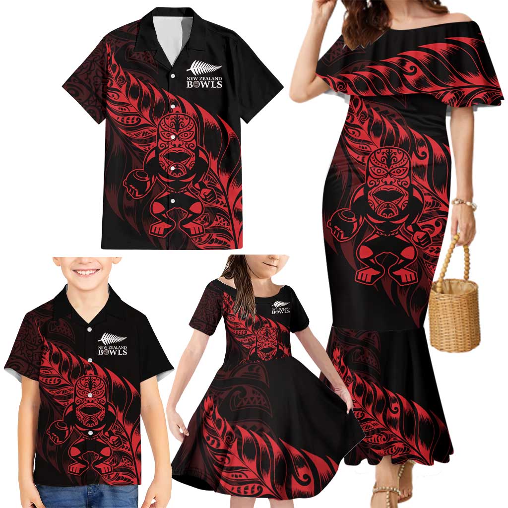 New Zealand Lawn Bowls Custom Family Matching Mermaid Dress and Hawaiian Shirt Red Maori Warrior Tribal Silver Fern - Aussie Hoodie