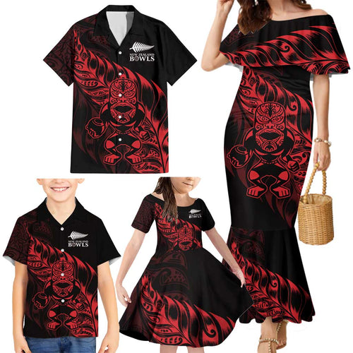 New Zealand Lawn Bowls Custom Family Matching Mermaid Dress and Hawaiian Shirt Red Maori Warrior Tribal Silver Fern - Aussie Hoodie