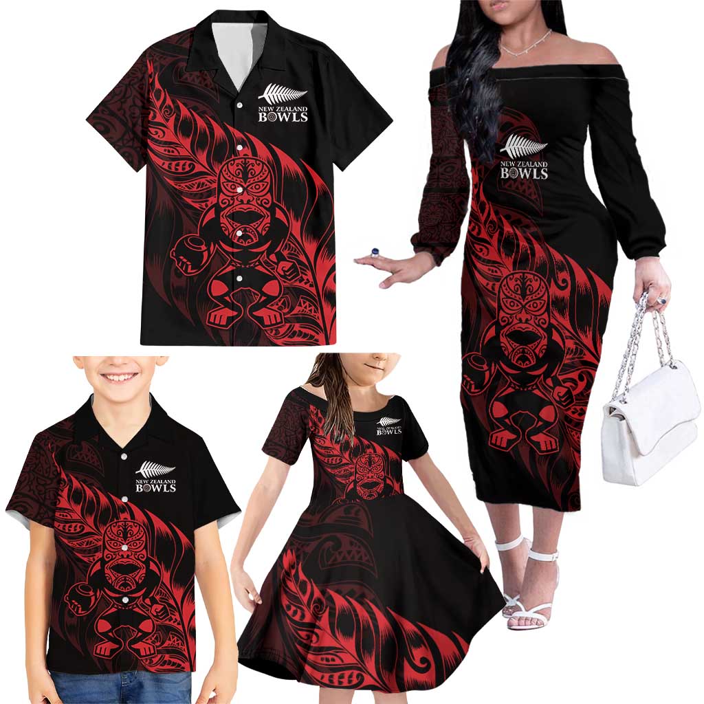 New Zealand Lawn Bowls Custom Family Matching Off The Shoulder Long Sleeve Dress and Hawaiian Shirt Red Maori Warrior Tribal Silver Fern - Aussie Hoodie