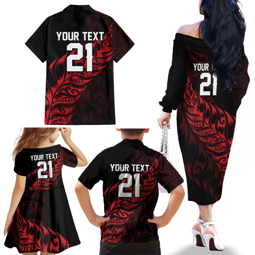 New Zealand Lawn Bowls Custom Family Matching Off The Shoulder Long Sleeve Dress and Hawaiian Shirt Red Maori Warrior Tribal Silver Fern - Aussie Hoodie