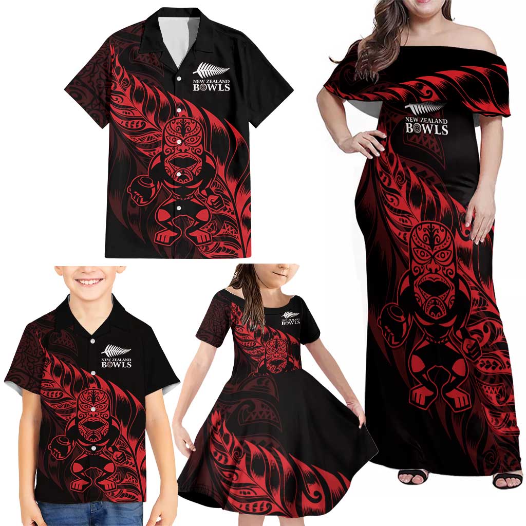 New Zealand Lawn Bowls Custom Family Matching Off Shoulder Maxi Dress and Hawaiian Shirt Red Maori Warrior Tribal Silver Fern - Aussie Hoodie
