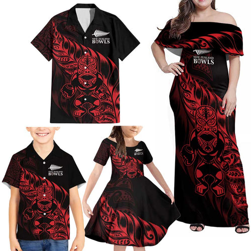 New Zealand Lawn Bowls Custom Family Matching Off Shoulder Maxi Dress and Hawaiian Shirt Red Maori Warrior Tribal Silver Fern - Aussie Hoodie