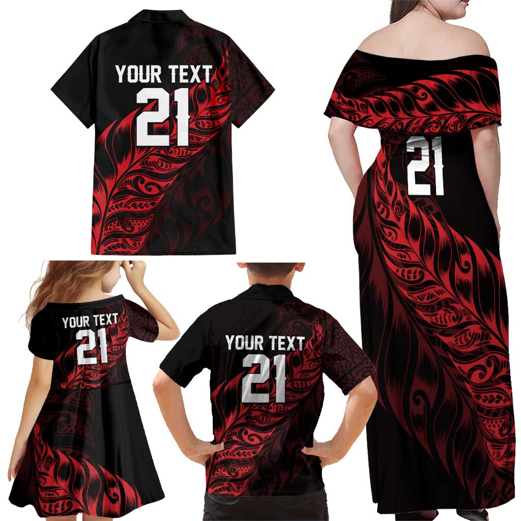 New Zealand Lawn Bowls Custom Family Matching Off Shoulder Maxi Dress and Hawaiian Shirt Red Maori Warrior Tribal Silver Fern - Aussie Hoodie