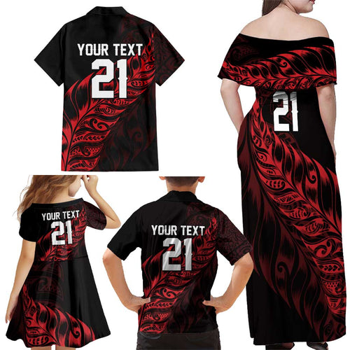 New Zealand Lawn Bowls Custom Family Matching Off Shoulder Maxi Dress and Hawaiian Shirt Red Maori Warrior Tribal Silver Fern - Aussie Hoodie