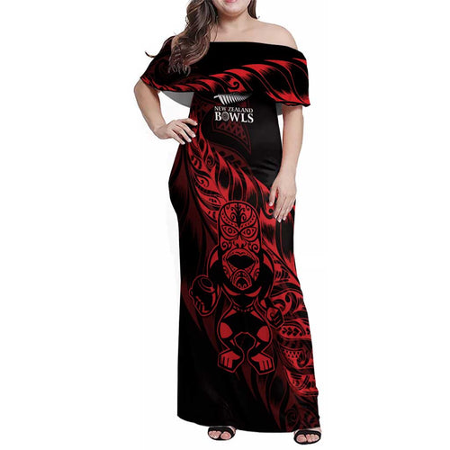 New Zealand Lawn Bowls Custom Family Matching Off Shoulder Maxi Dress and Hawaiian Shirt Red Maori Warrior Tribal Silver Fern - Aussie Hoodie
