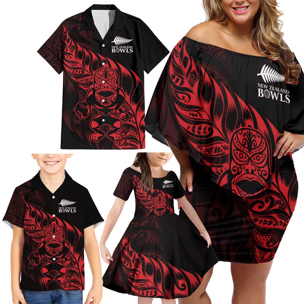 New Zealand Lawn Bowls Custom Family Matching Off Shoulder Short Dress and Hawaiian Shirt Red Maori Warrior Tribal Silver Fern - Aussie Hoodie