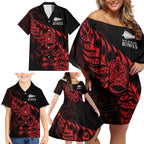 New Zealand Lawn Bowls Custom Family Matching Off Shoulder Short Dress and Hawaiian Shirt Red Maori Warrior Tribal Silver Fern - Aussie Hoodie
