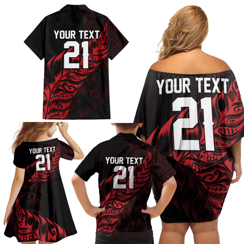 New Zealand Lawn Bowls Custom Family Matching Off Shoulder Short Dress and Hawaiian Shirt Red Maori Warrior Tribal Silver Fern - Aussie Hoodie