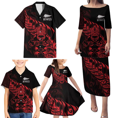 New Zealand Lawn Bowls Custom Family Matching Puletasi and Hawaiian Shirt Red Maori Warrior Tribal Silver Fern - Aussie Hoodie
