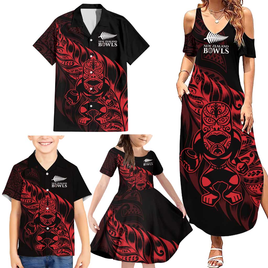 New Zealand Lawn Bowls Custom Family Matching Summer Maxi Dress and Hawaiian Shirt Red Maori Warrior Tribal Silver Fern - Aussie Hoodie