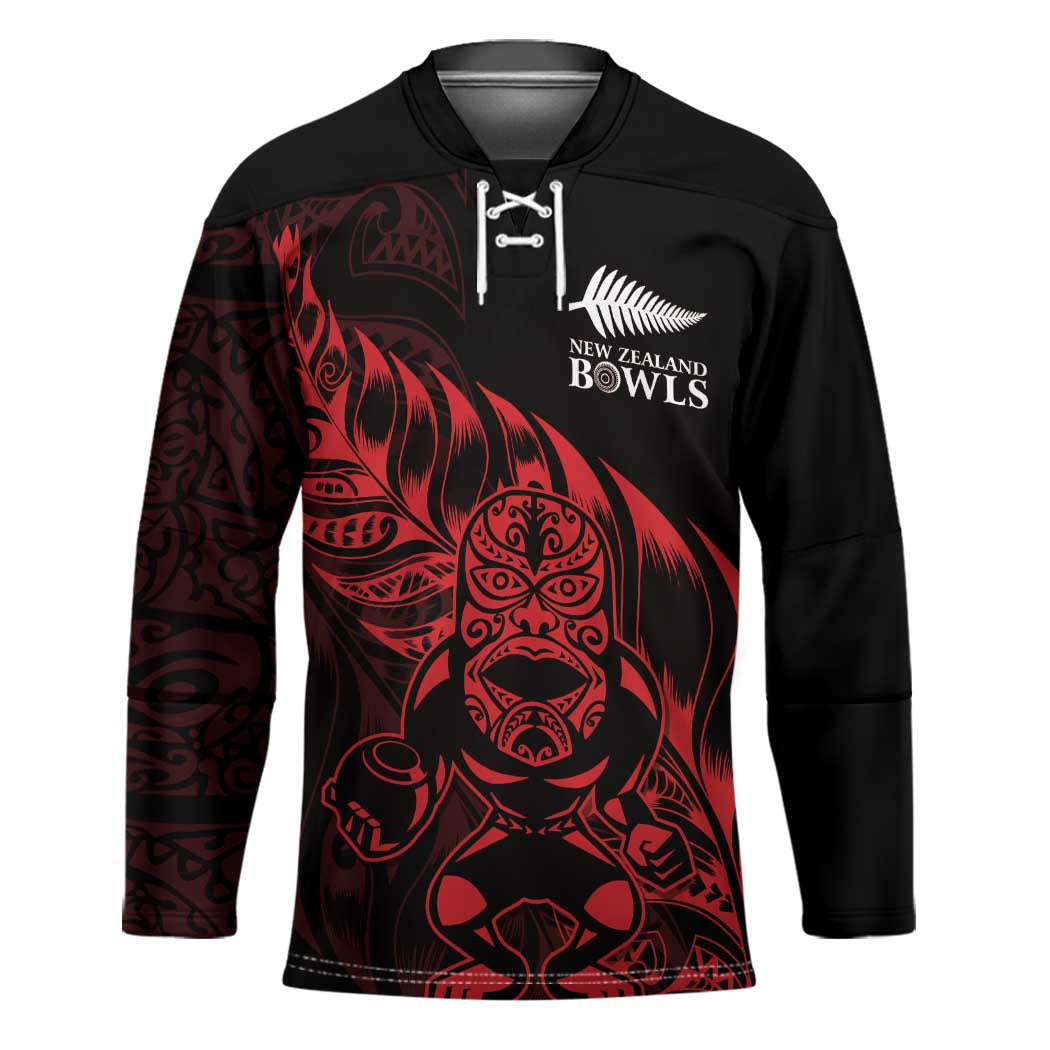 New Zealand Lawn Bowls Custom Hockey Jersey Red Maori Warrior Tribal Silver Fern - Aussie Hoodie