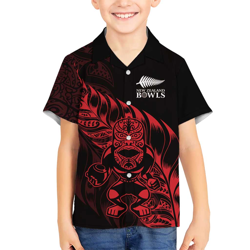 New Zealand Lawn Bowls Custom Kid Hawaiian Shirt Red Maori Warrior Tribal Silver Fern - Aussie Hoodie