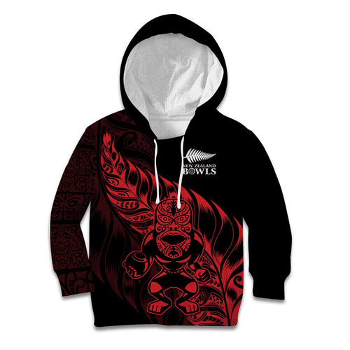 New Zealand Lawn Bowls Custom Kid Hoodie Red Maori Warrior Tribal Silver Fern - Aussie Hoodie