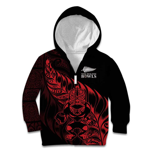 New Zealand Lawn Bowls Custom Kid Hoodie Red Maori Warrior Tribal Silver Fern - Aussie Hoodie