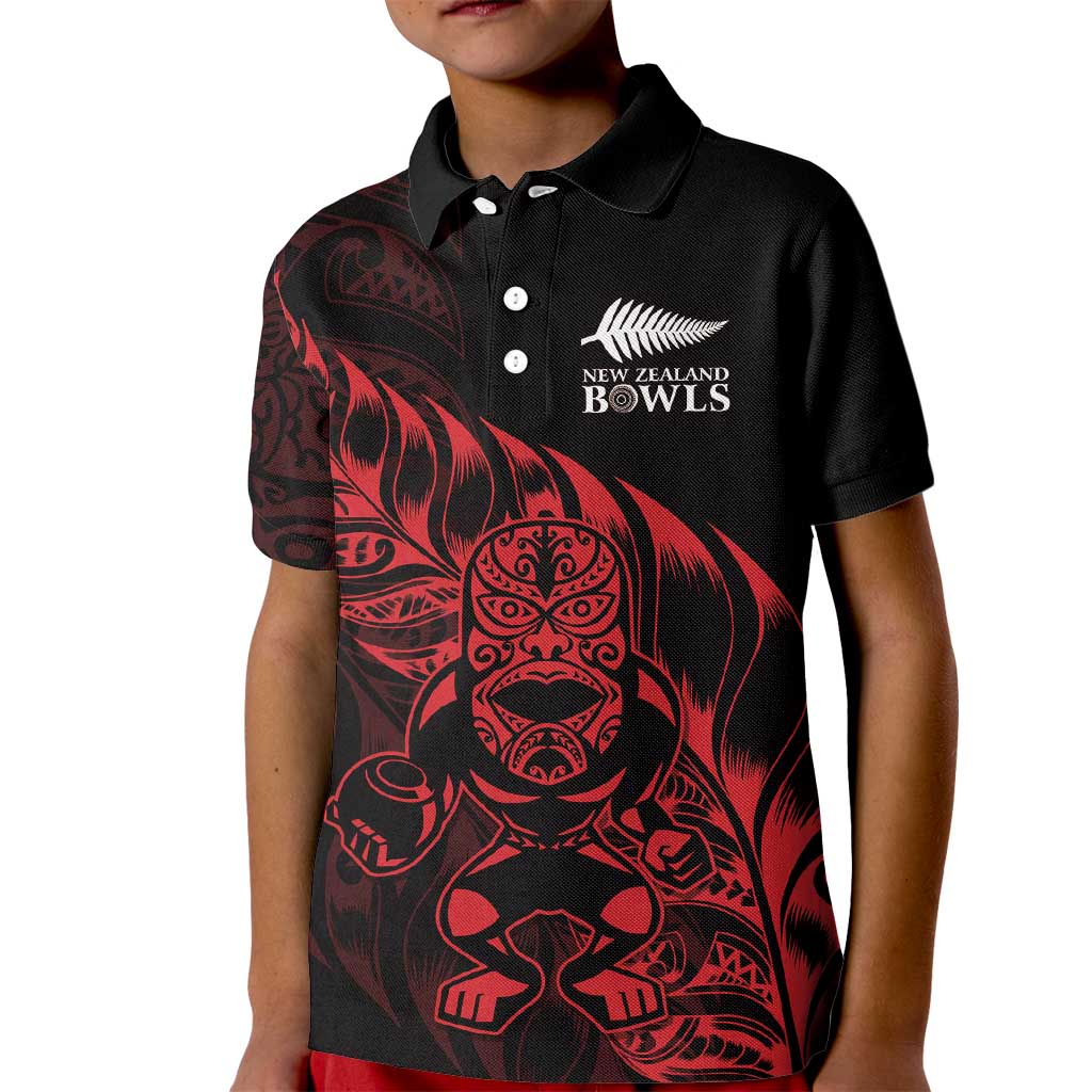 New Zealand Lawn Bowls Custom Kid Polo Shirt Red Maori Warrior Tribal Silver Fern - Aussie Hoodie