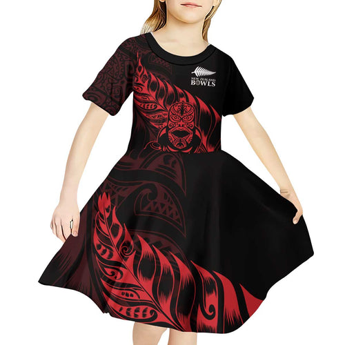 New Zealand Lawn Bowls Custom Kid Short Sleeve Dress Red Maori Warrior Tribal Silver Fern - Aussie Hoodie