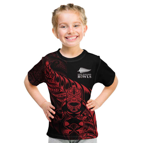 New Zealand Lawn Bowls Custom Kid T Shirt Red Maori Warrior Tribal Silver Fern - Aussie Hoodie