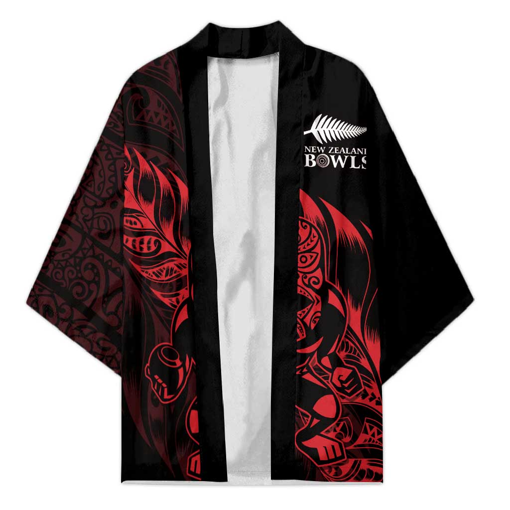 New Zealand Lawn Bowls Custom Kimono Red Maori Warrior Tribal Silver Fern - Aussie Hoodie