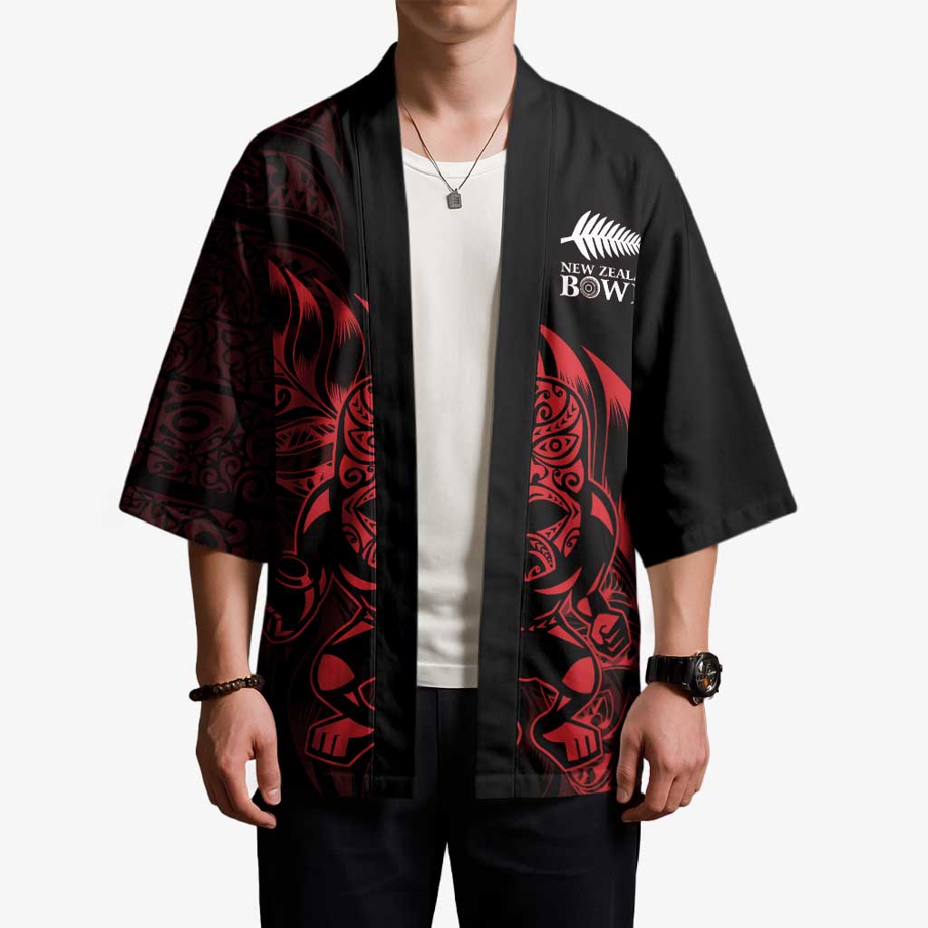 New Zealand Lawn Bowls Custom Kimono Red Maori Warrior Tribal Silver Fern - Aussie Hoodie
