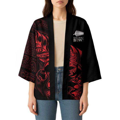 New Zealand Lawn Bowls Custom Kimono Red Maori Warrior Tribal Silver Fern - Aussie Hoodie