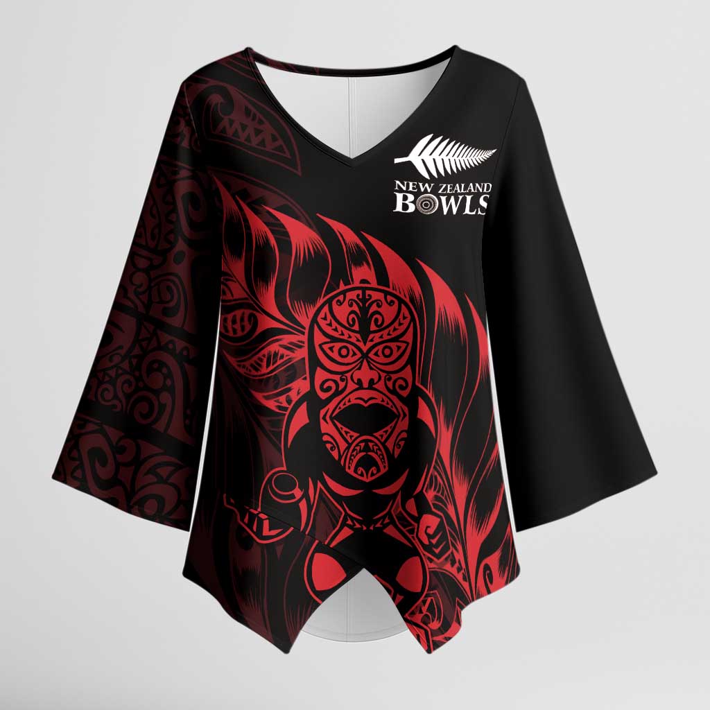New Zealand Lawn Bowls Custom Kimono Sleeve Blouse Red Maori Warrior Tribal Silver Fern - Aussie Hoodie