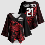 New Zealand Lawn Bowls Custom Kimono Sleeve Blouse Red Maori Warrior Tribal Silver Fern - Aussie Hoodie