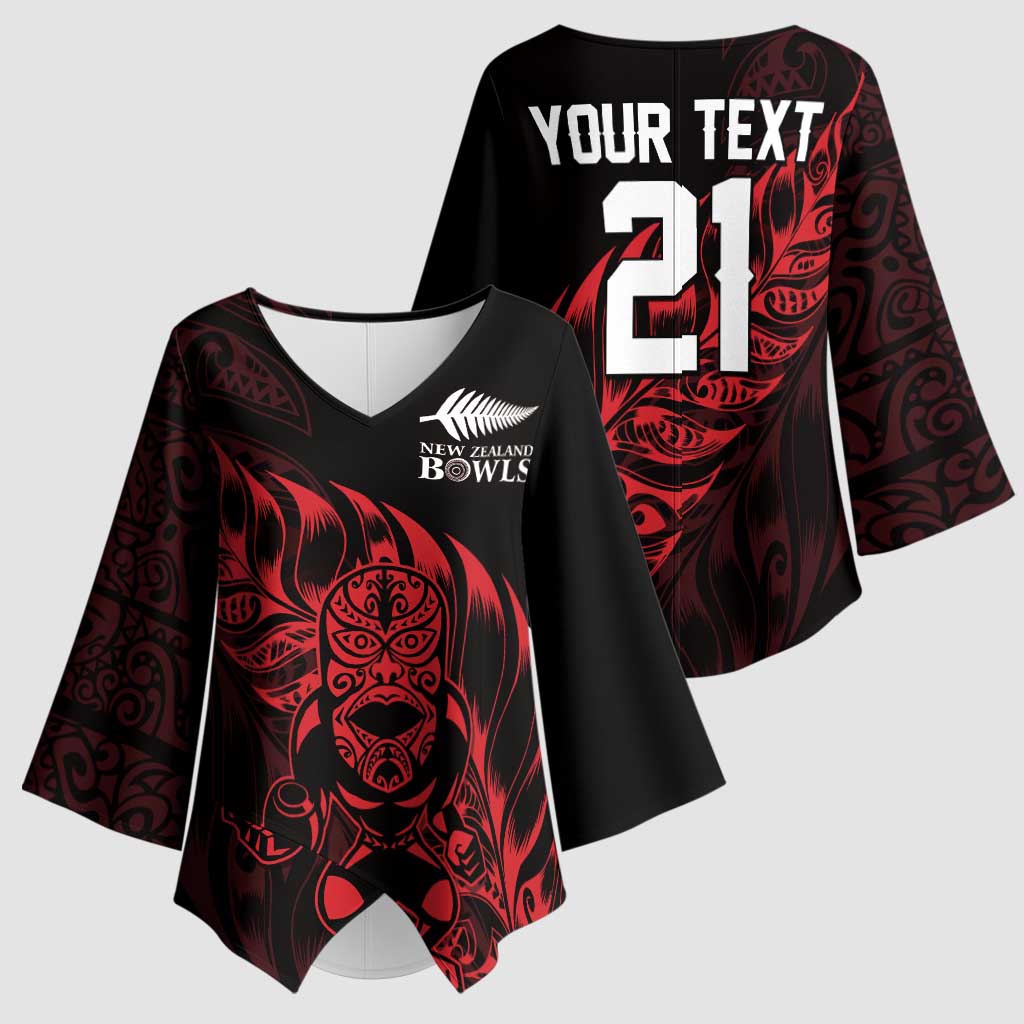 New Zealand Lawn Bowls Custom Kimono Sleeve Blouse Red Maori Warrior Tribal Silver Fern - Aussie Hoodie