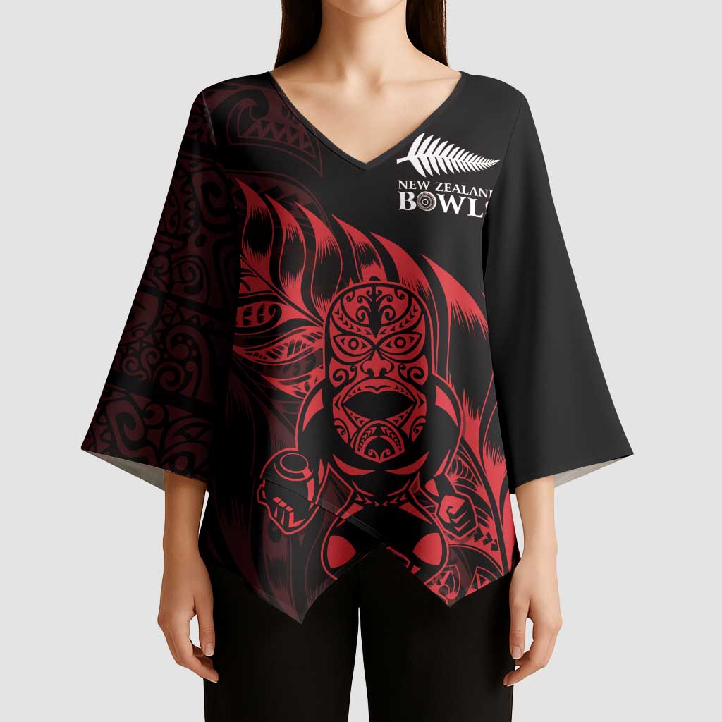 New Zealand Lawn Bowls Custom Kimono Sleeve Blouse Red Maori Warrior Tribal Silver Fern - Aussie Hoodie