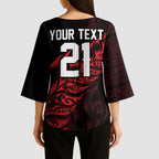 New Zealand Lawn Bowls Custom Kimono Sleeve Blouse Red Maori Warrior Tribal Silver Fern - Aussie Hoodie