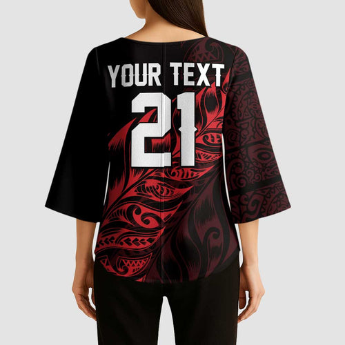 New Zealand Lawn Bowls Custom Kimono Sleeve Blouse Red Maori Warrior Tribal Silver Fern - Aussie Hoodie