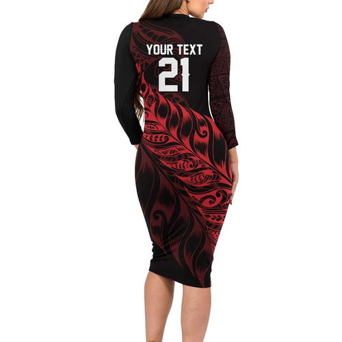 New Zealand Lawn Bowls Custom Long Sleeve Bodycon Dress Red Maori Warrior Tribal Silver Fern - Aussie Hoodie